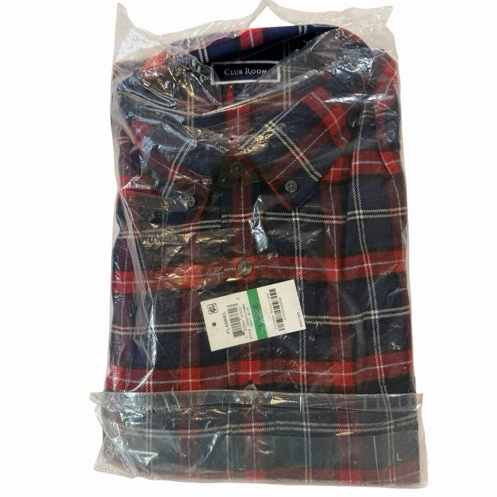 Club Room Shirt Men’s Size Large Navy Blue Red Plaid Flannel Button Down Top NEW